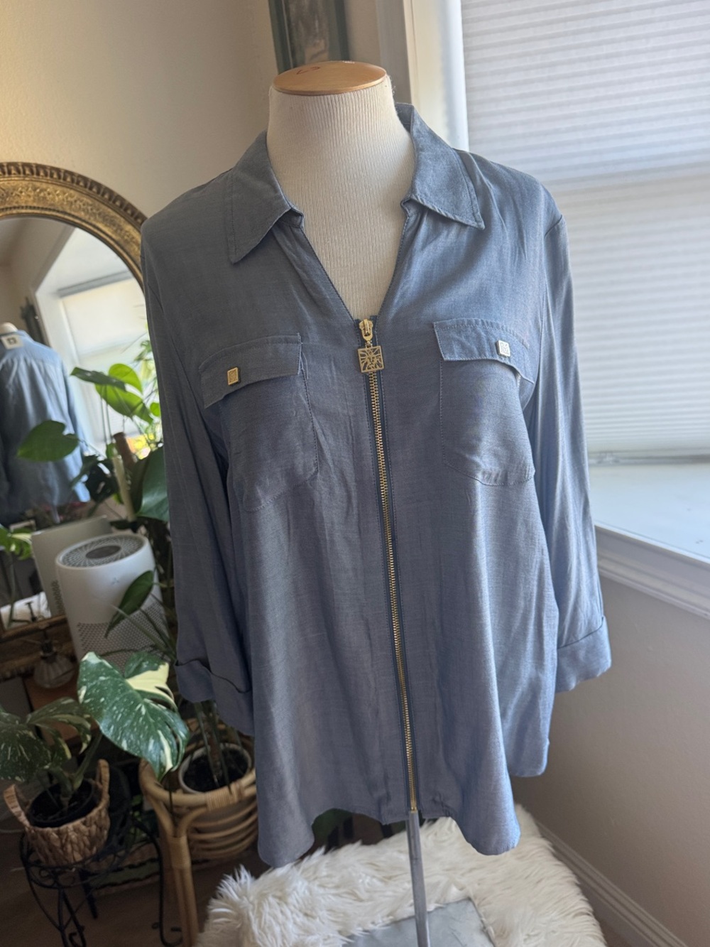 Anne Klein Light Blue Zip-Front Blouse